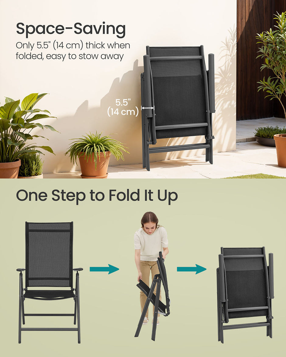 Set of 2 Folding Garden Chairs – Aluminium – Black – Heavy Duty with 8-Angle Reclining Backrest