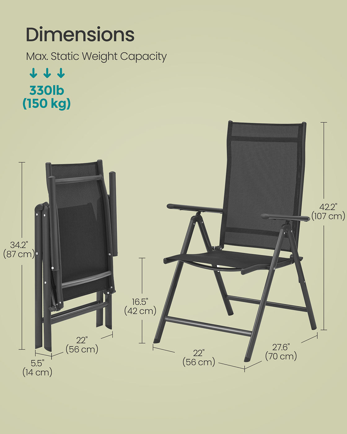 Set of 2 Folding Garden Chairs – Aluminium – Black – Heavy Duty with 8-Angle Reclining Backrest