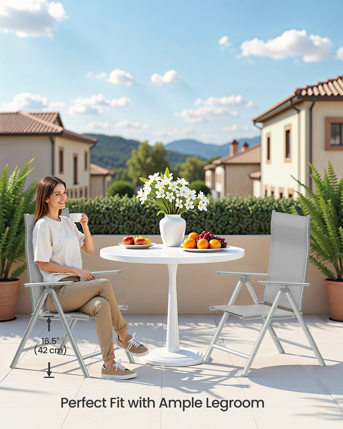 Set of 2 Folding Garden Chairs – Aluminium – Grey – Heavy Duty with 8-Angle Reclining Backrest