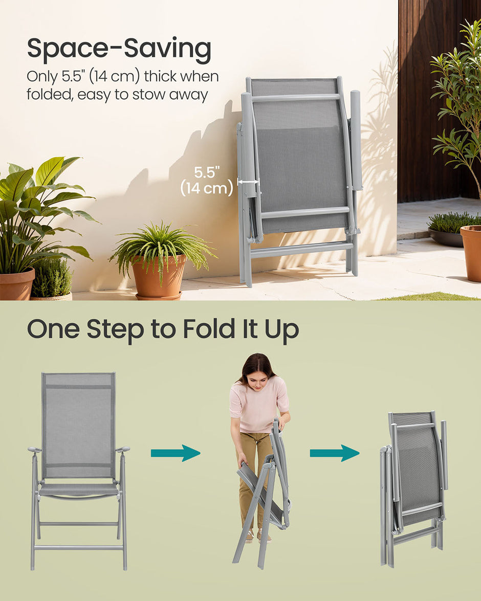 Set of 2 Folding Garden Chairs – Aluminium – Grey – Heavy Duty with 8-Angle Reclining Backrest