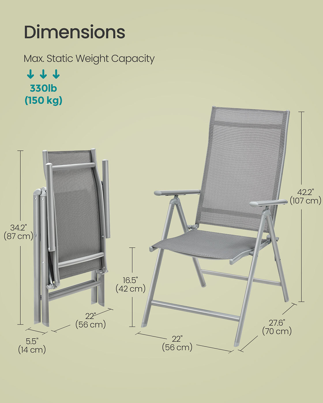 Set of 2 Folding Garden Chairs – Aluminium – Grey – Heavy Duty with 8-Angle Reclining Backrest