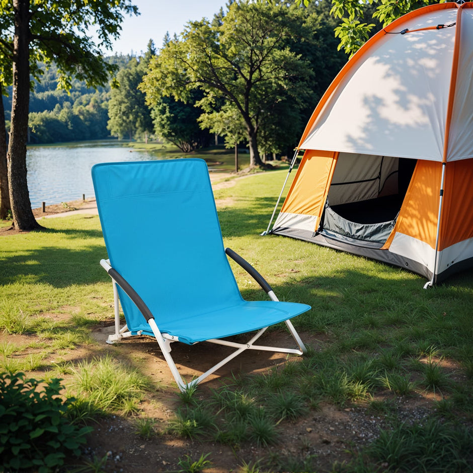 Portable Beach Chair – Fabric – Blue – Foldable High Backrest Heavy Duty Design