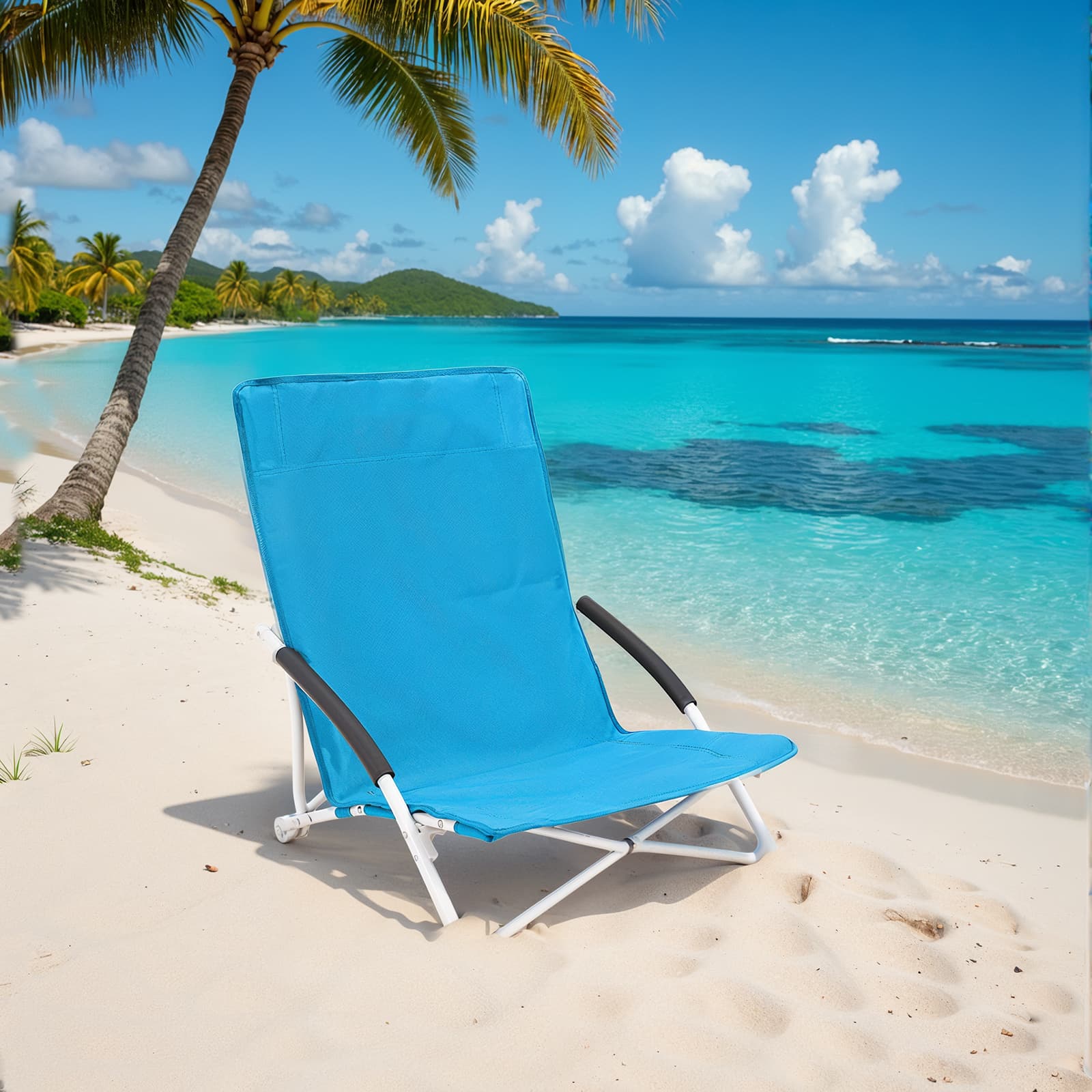 Portable Beach Chair – Fabric – Blue – Foldable High Backrest Heavy Duty Design