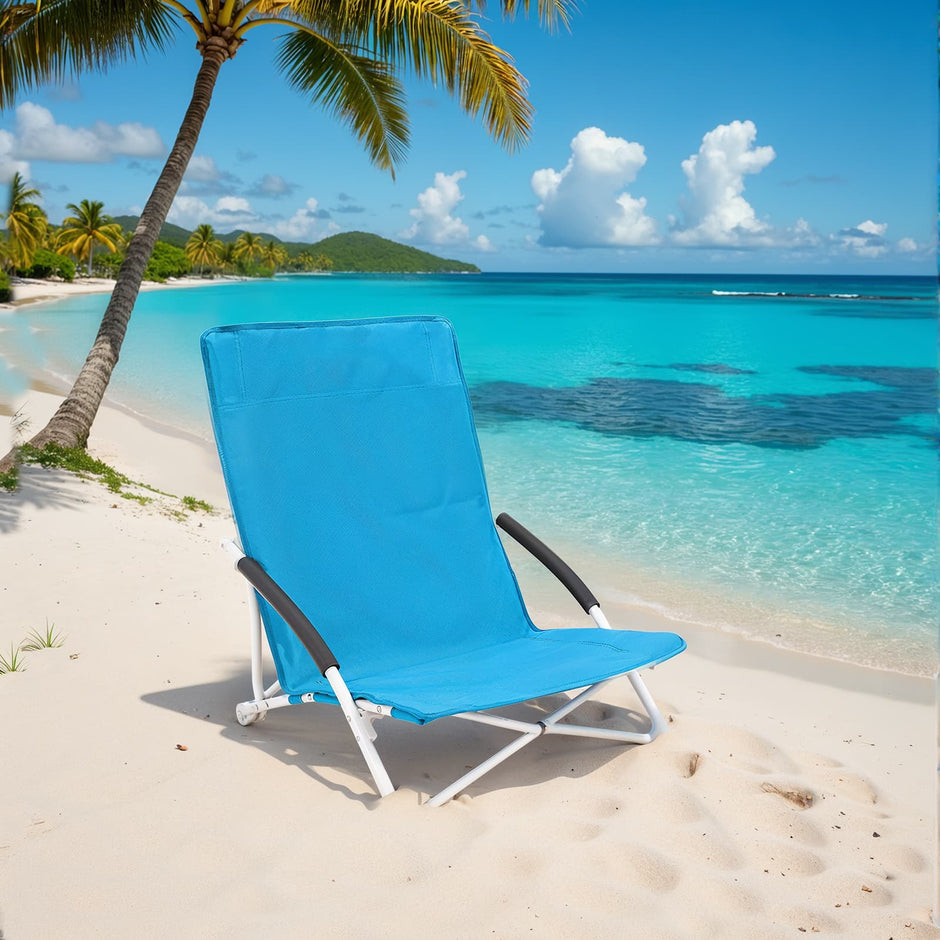 Portable Beach Chair – Fabric – Blue – Foldable High Backrest Heavy Duty Design