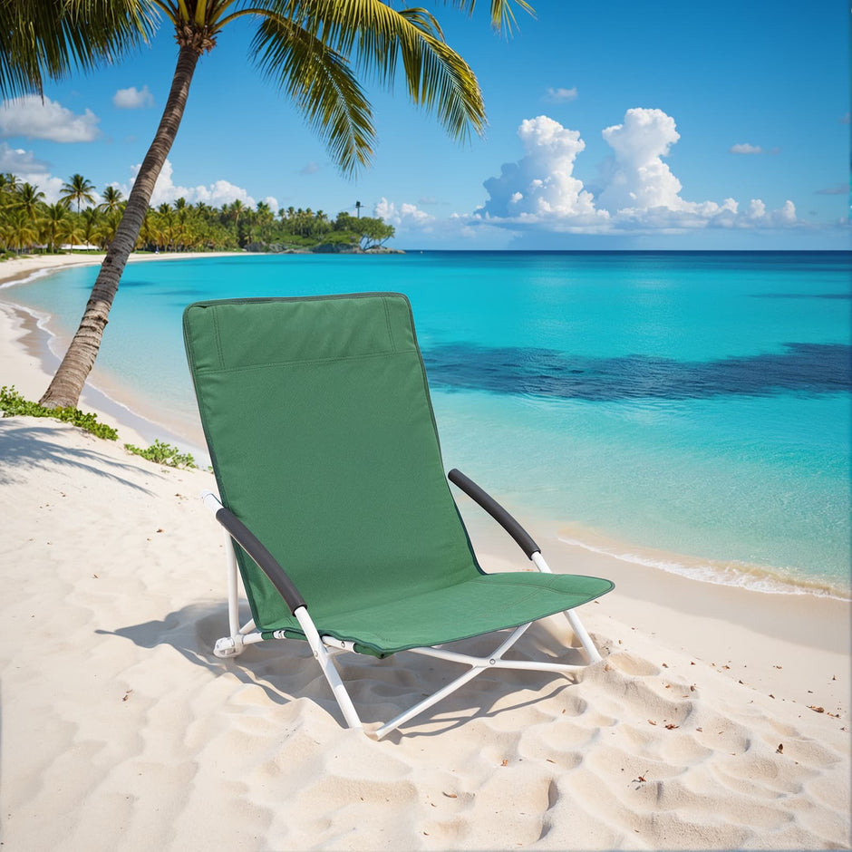 Portable Beach Chair – Fabric – Blue – Foldable High Backrest Heavy Duty Design
