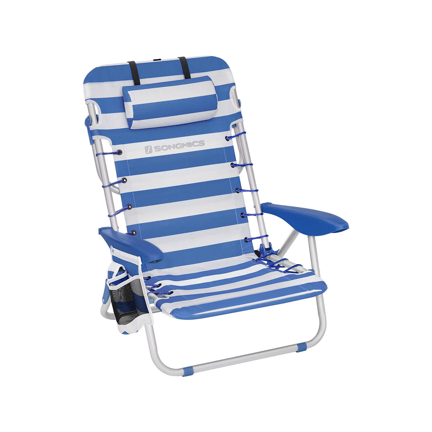 Beach Chair – Aluminium – Blue and White Stripes – Portable, Foldable, and Reclinable with Pillow