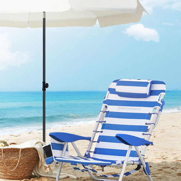Beach Chair – Aluminium – Blue and White Stripes – Portable, Foldable, and Reclinable with Pillow