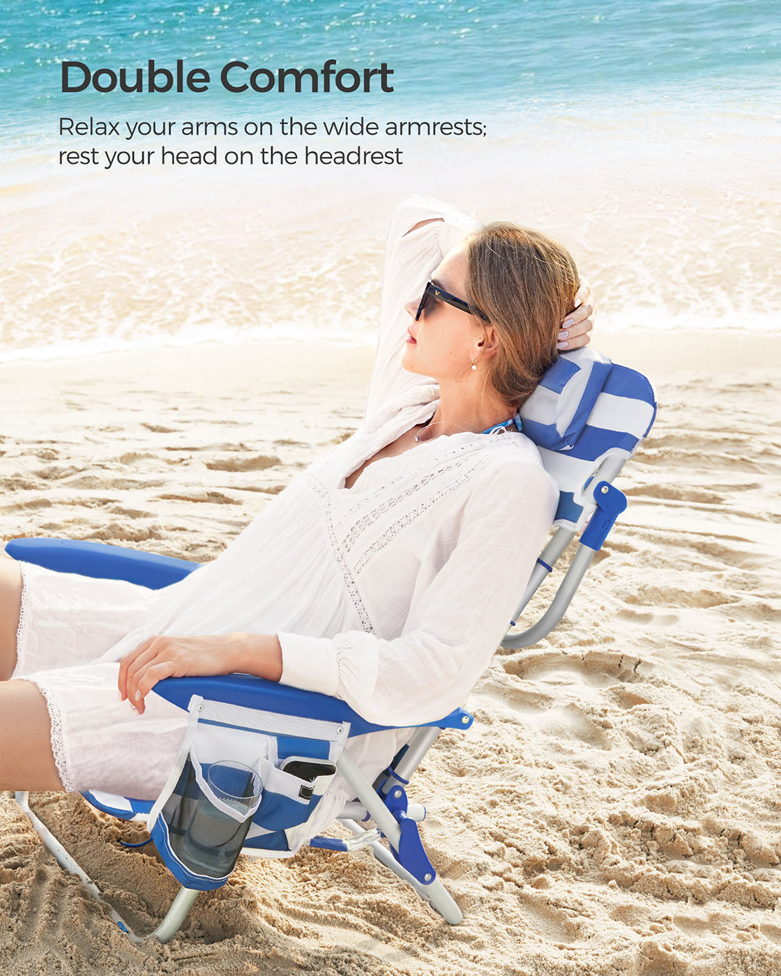 Beach Chair – Aluminium – Blue and White Stripes – Portable, Foldable, and Reclinable with Pillow