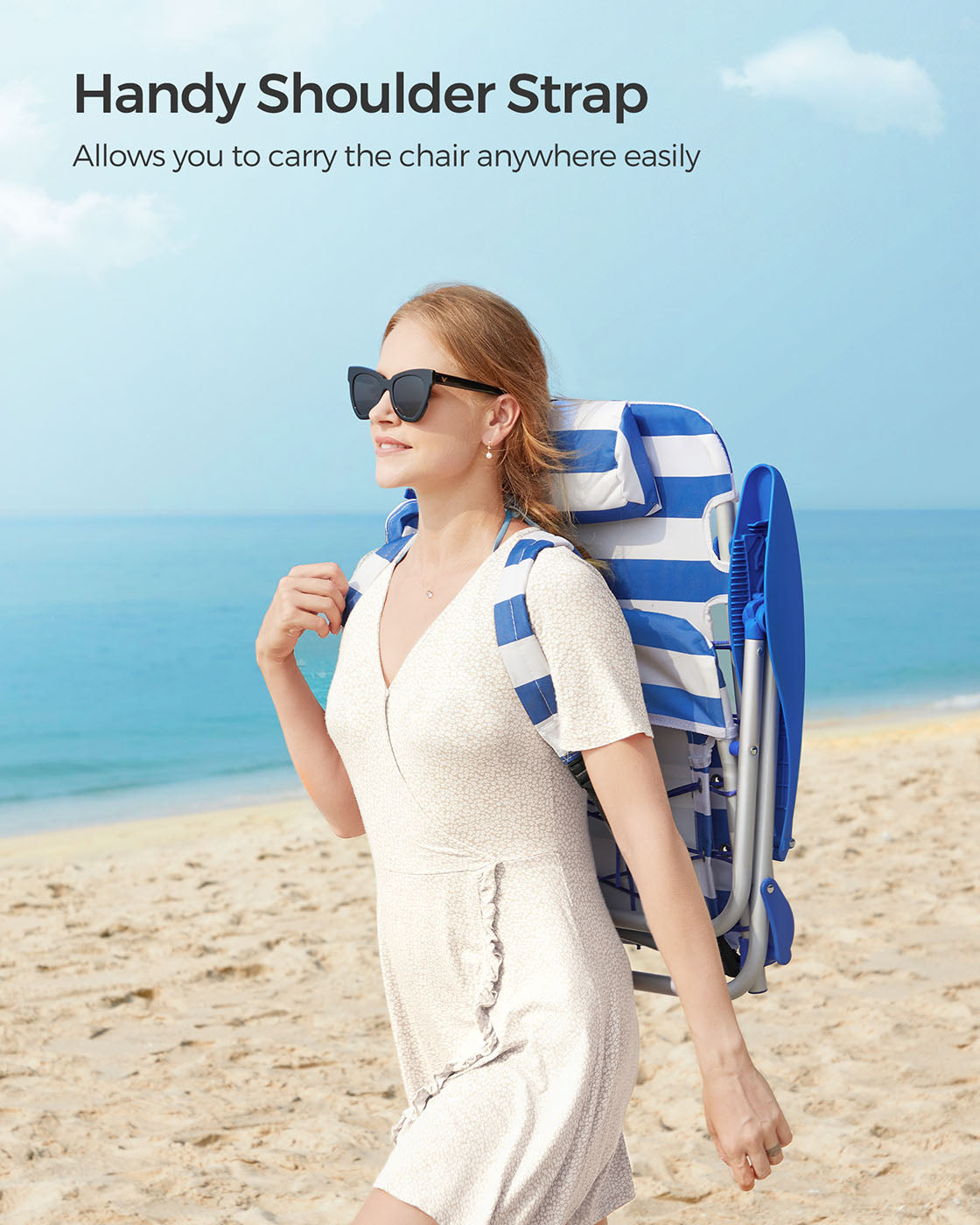 Beach Chair – Aluminium – Blue and White Stripes – Portable, Foldable, and Reclinable with Pillow