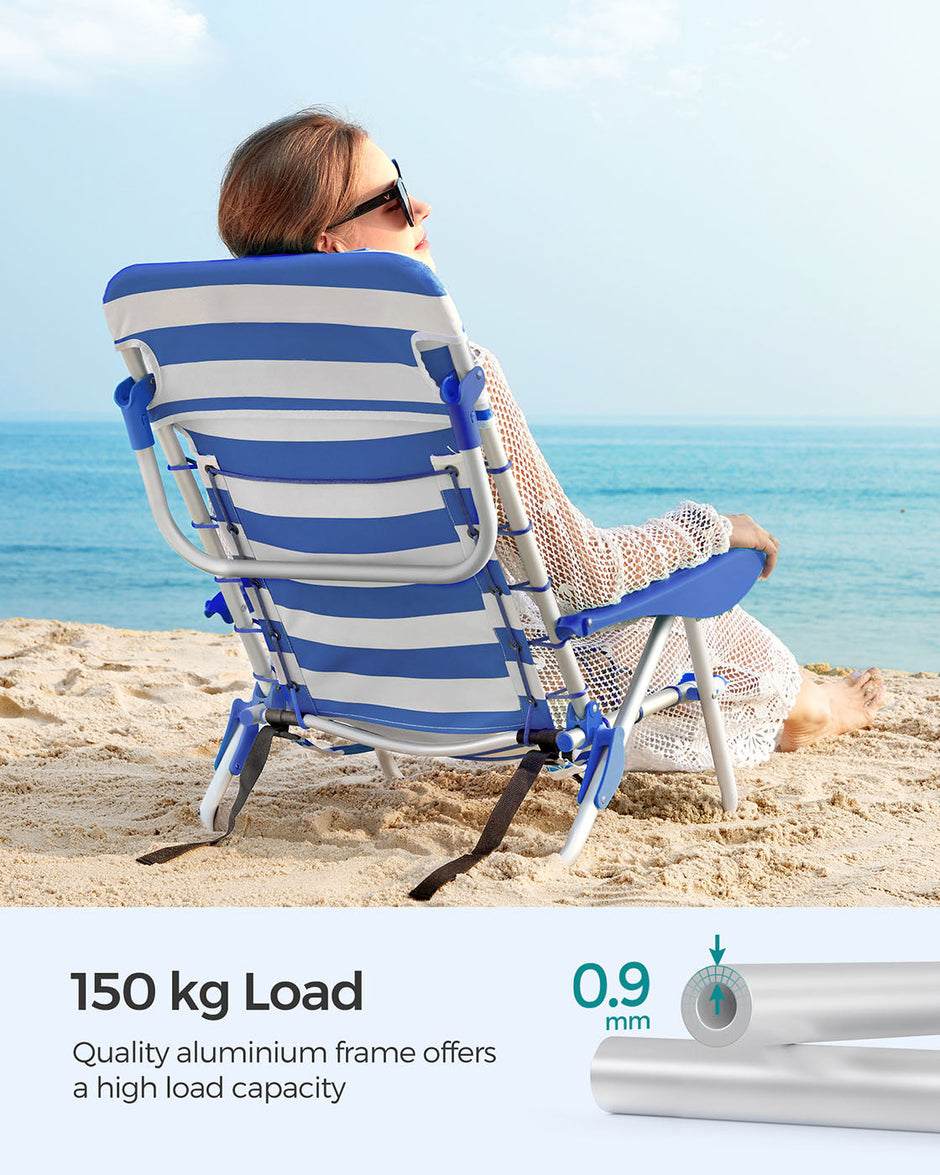 Beach Chair – Aluminium – Blue and White Stripes – Portable, Foldable, and Reclinable with Pillow