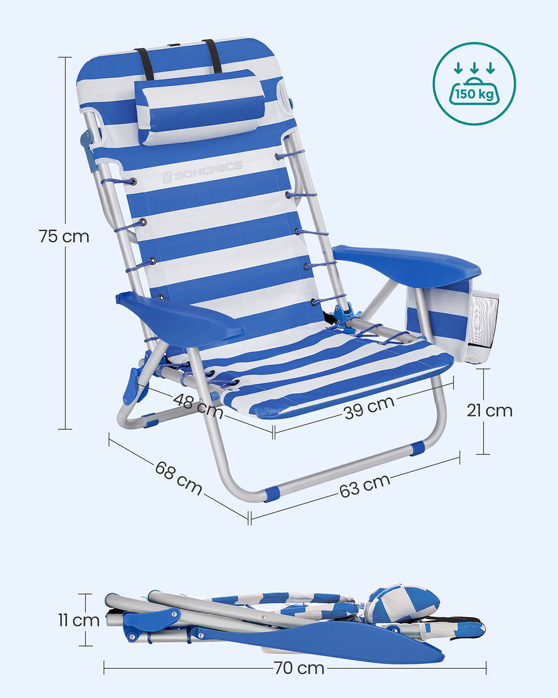Beach Chair – Aluminium – Blue and White Stripes – Portable, Foldable, and Reclinable with Pillow