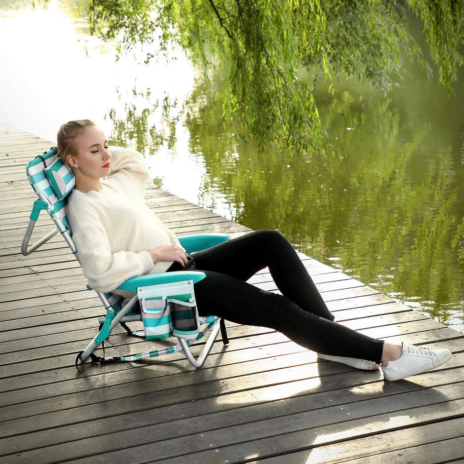Portable Beach Chair – Aluminium – Blue and White Stripes – Foldable and Reclining with Headrest