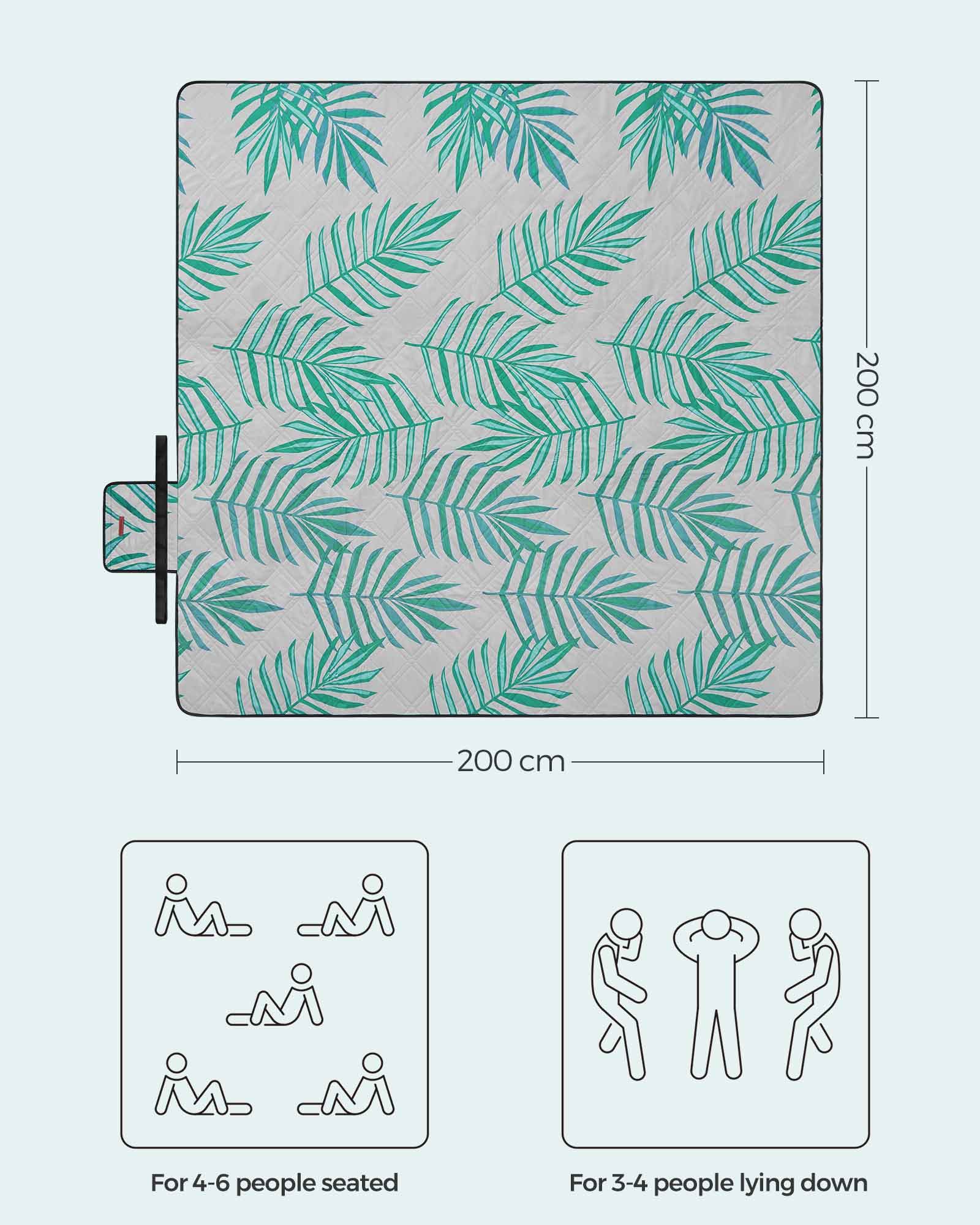 Picnic Blanket – Waterproof – Fern Pattern and Grey – Large Foldable Design 200 x 200 cm