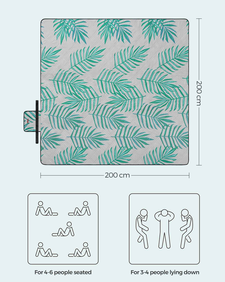 Picnic Blanket – Waterproof – Fern Pattern and Grey – Large Foldable Design 200 x 200 cm