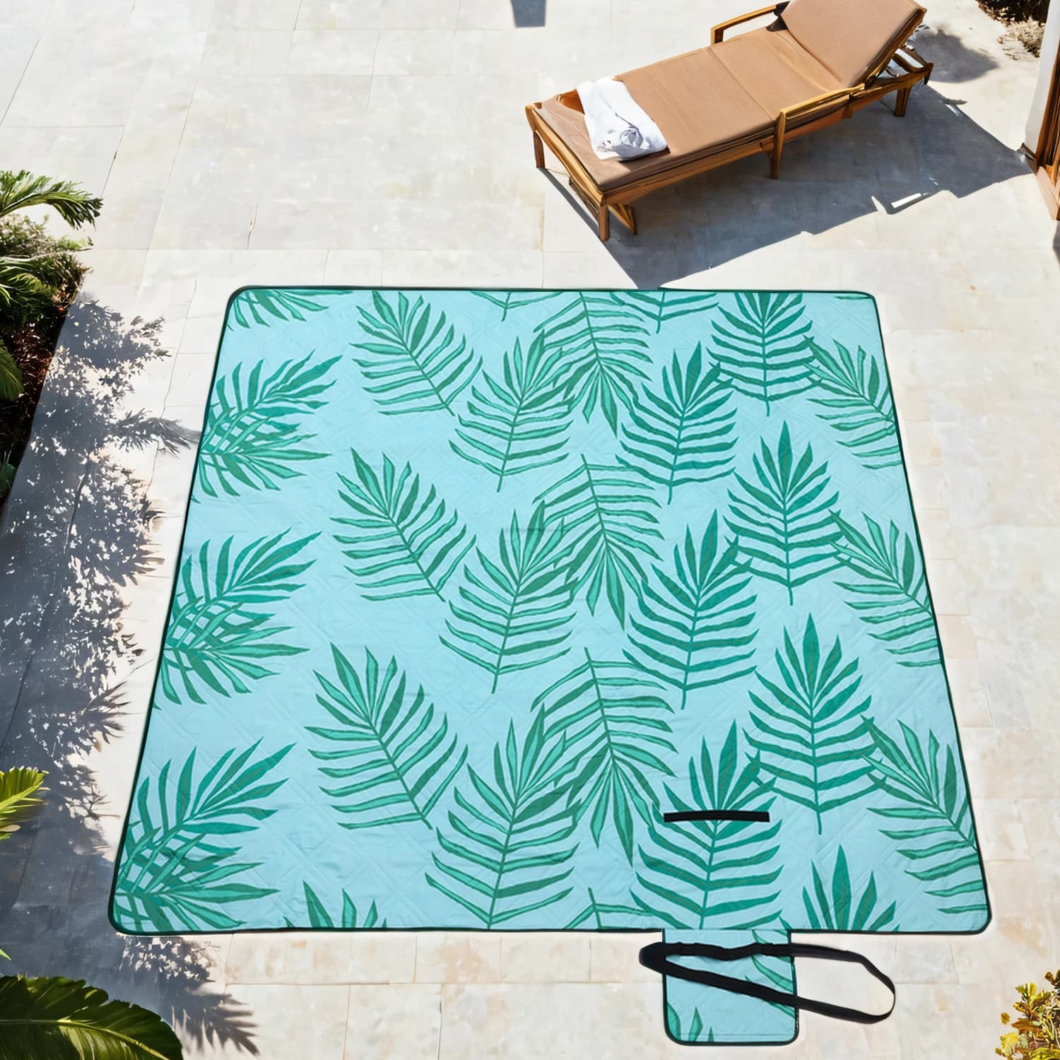Large Waterproof Picnic Blanket – Fabric – Fern and Blue – Machine Washable and Foldable, 300 x 200 cm