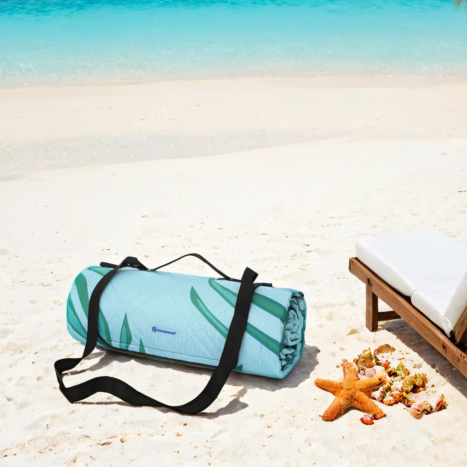 Large Waterproof Picnic Blanket – Fabric – Fern and Blue – Machine Washable and Foldable, 300 x 200 cm