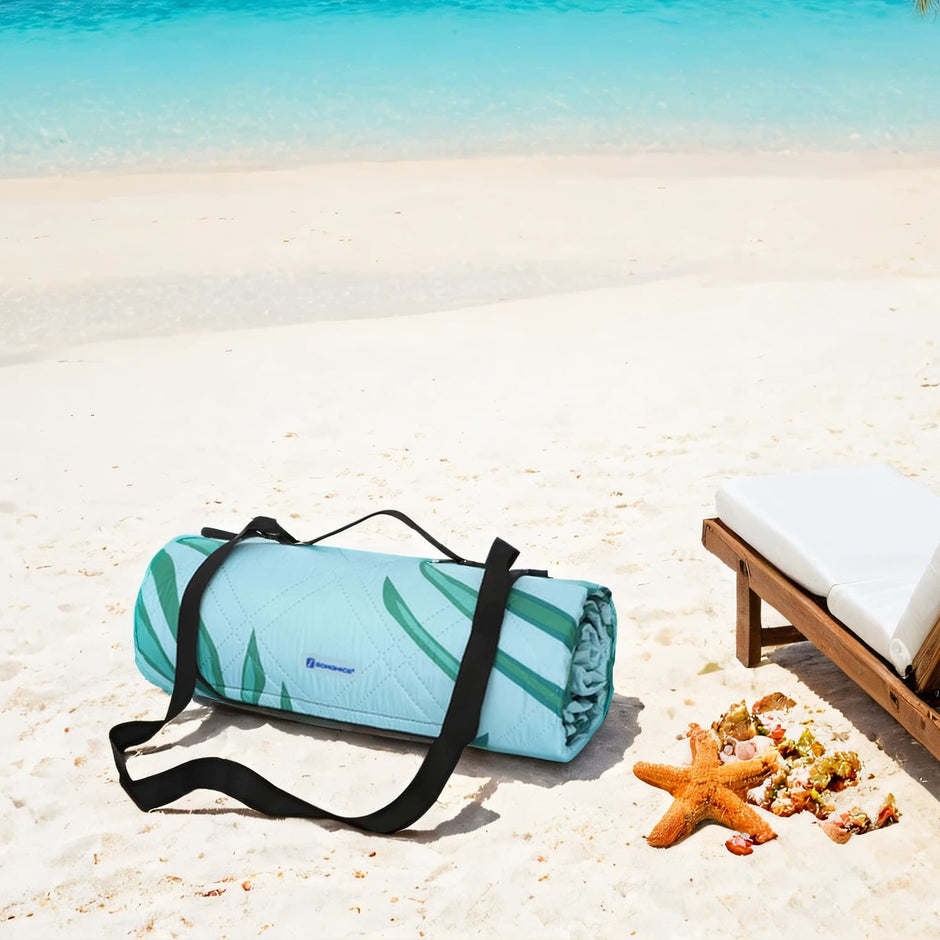 Large Waterproof Picnic Blanket – Fabric – Fern and Blue – Machine Washable and Foldable, 300 x 200 cm