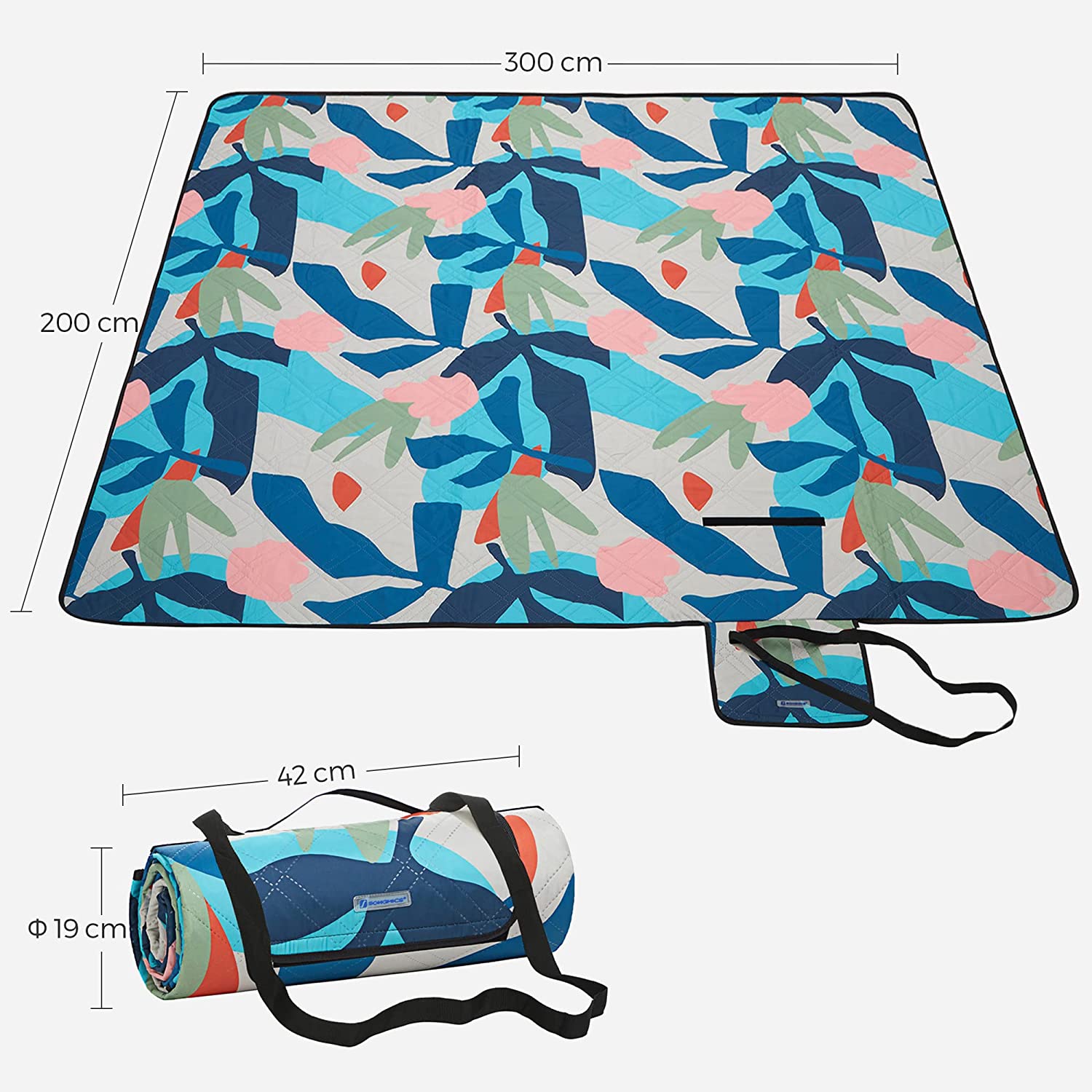 Folding Picnic Blanket – Waterproof – Multicolor Fern – Large Size 200 x 300 cm, Machine Washable