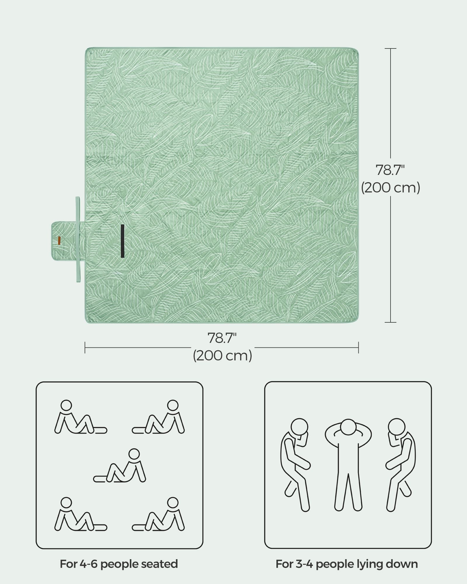 Picnic Blanket – Fabric – Mint Green and Leaf Pattern – Extra Large 200 x 200 cm