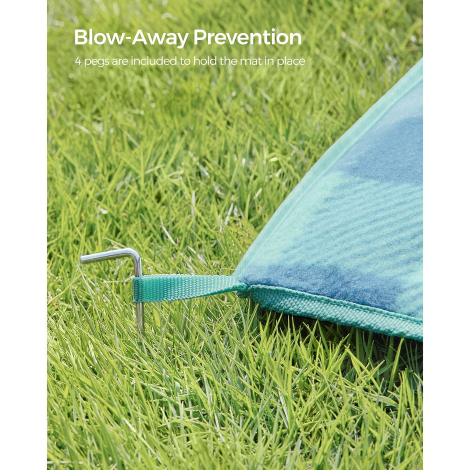 Picnic Blanket – Waterproof Fabric – Green and Blue – Portable and Foldable with 4 Blow-Away Prevention Pegs