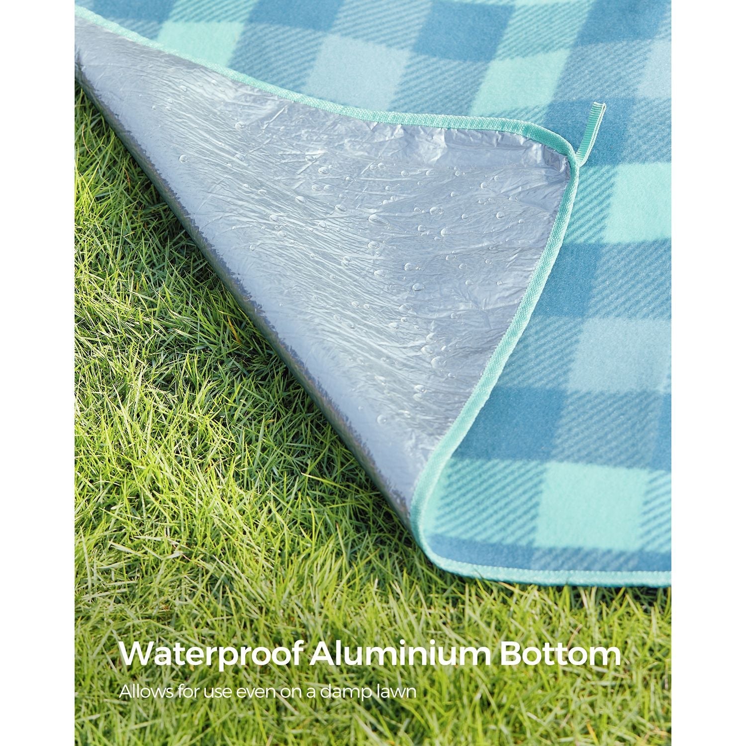 Picnic Blanket – Waterproof Fabric – Green and Blue – Portable and Foldable with 4 Blow-Away Prevention Pegs