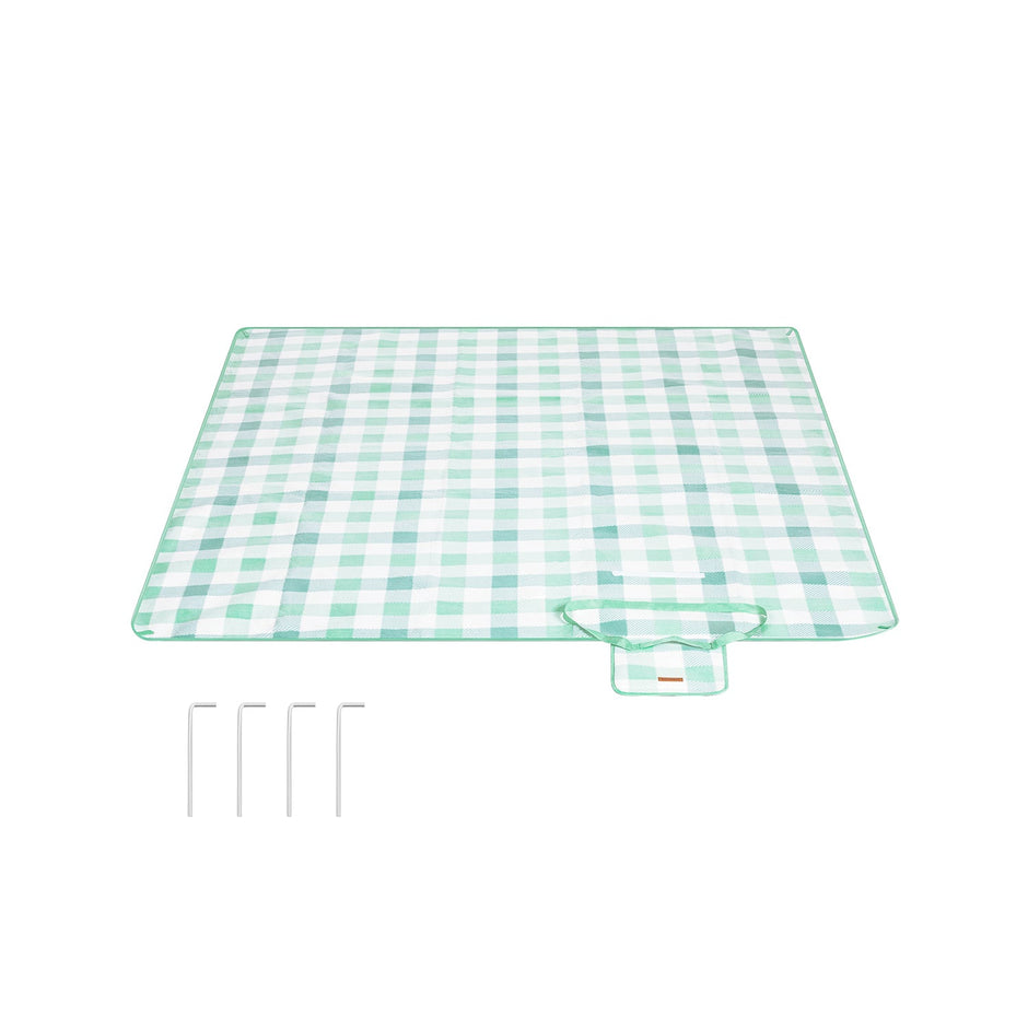 Picnic Blanket – Waterproof Fabric – Green and White – Large 200 x 200 cm with Blow-Away Prevention Pegs