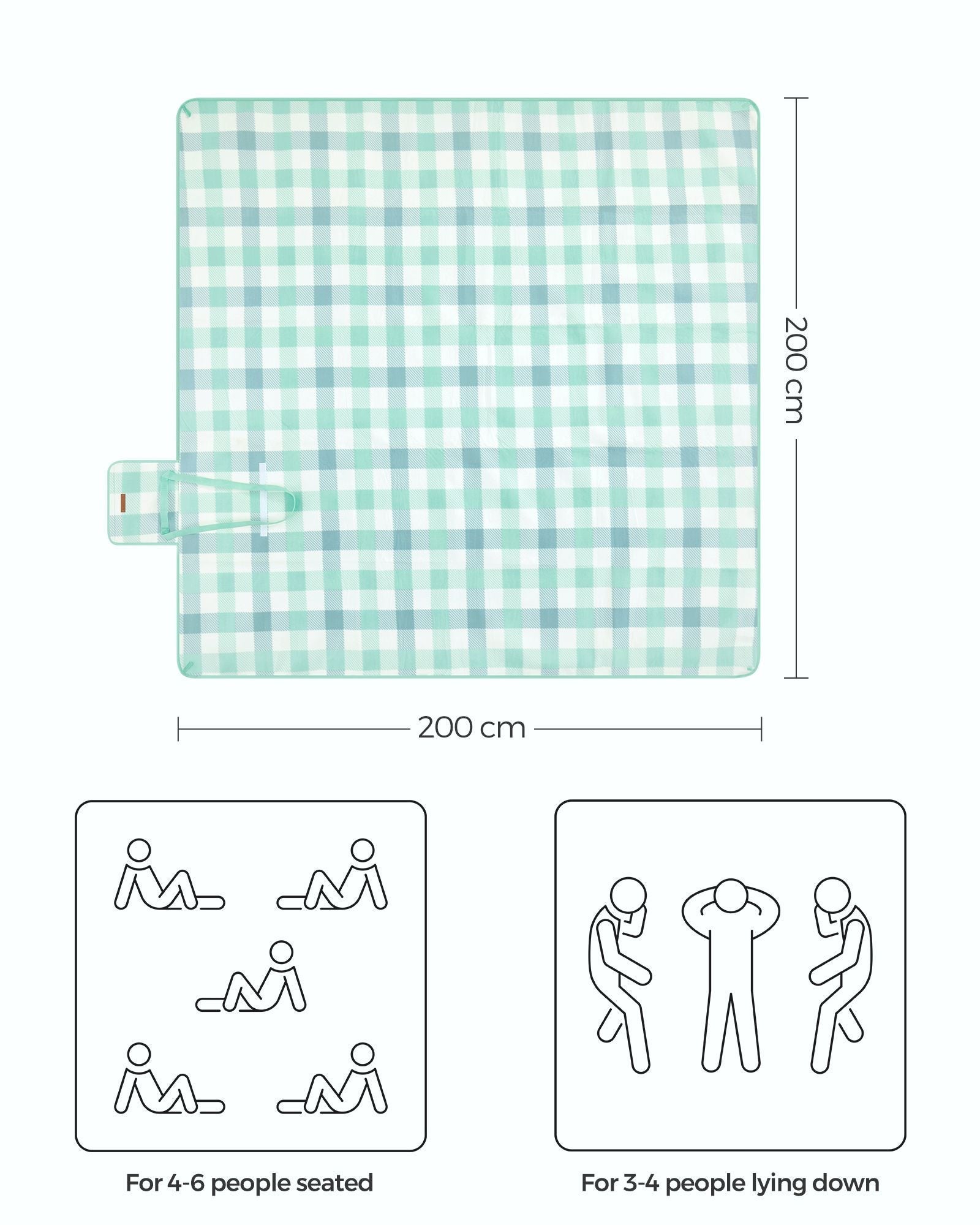 Picnic Blanket – Waterproof Fabric – Green and White – Large 200 x 200 cm with Blow-Away Prevention Pegs