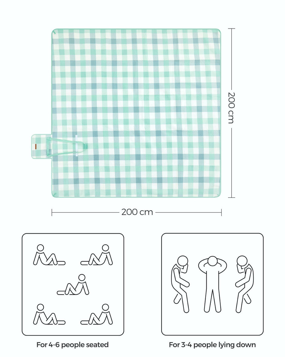Picnic Blanket – Waterproof Fabric – Green and White – Large 200 x 200 cm with Blow-Away Prevention Pegs