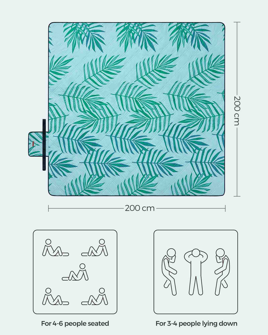 Picnic Blanket – Fabric – Blue – Waterproof, Machine Washable, Foldable, Large Fern Pattern 200 x 200 cm
