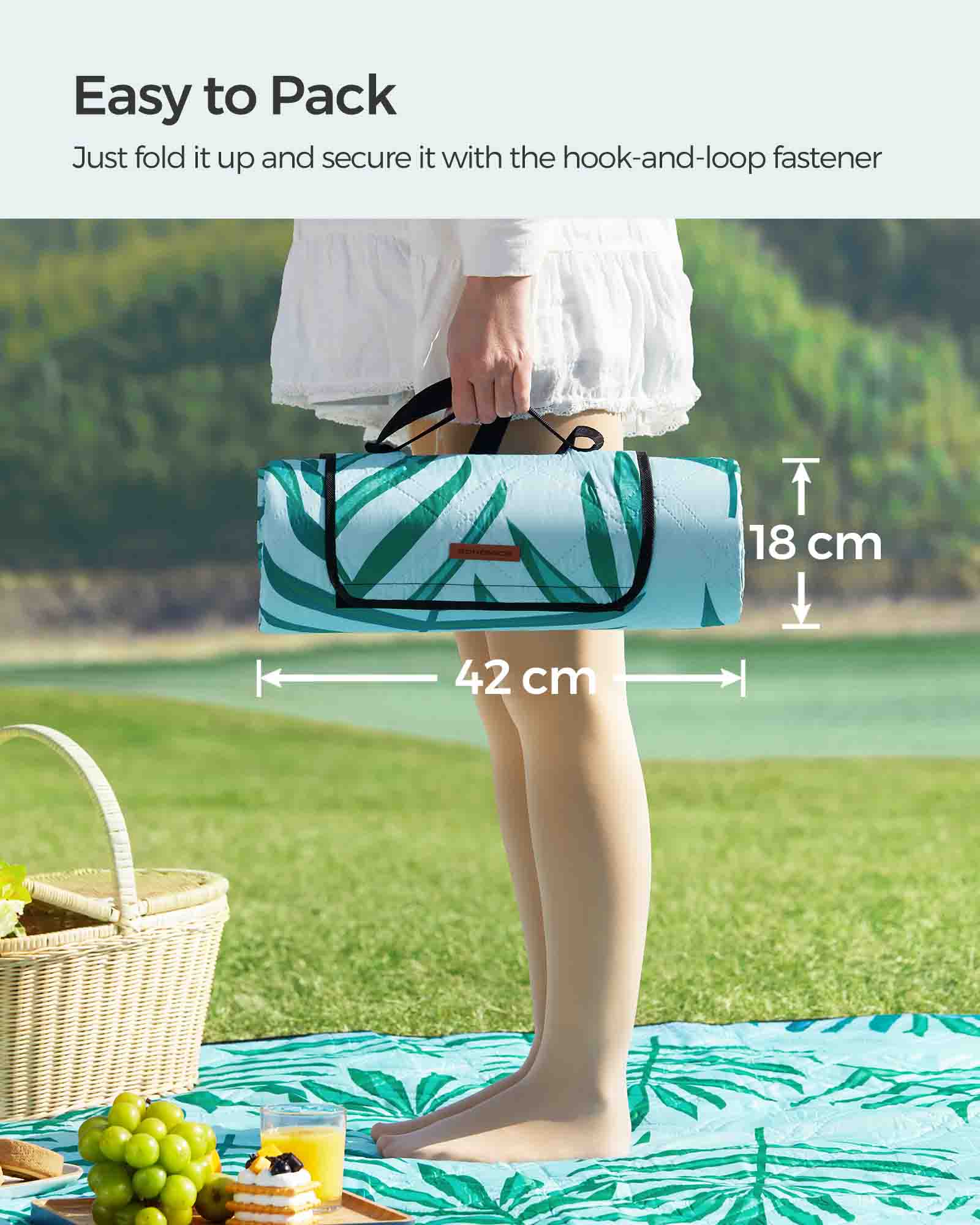 Picnic Blanket – Fabric – Blue – Waterproof, Machine Washable, Foldable, Large Fern Pattern 200 x 200 cm