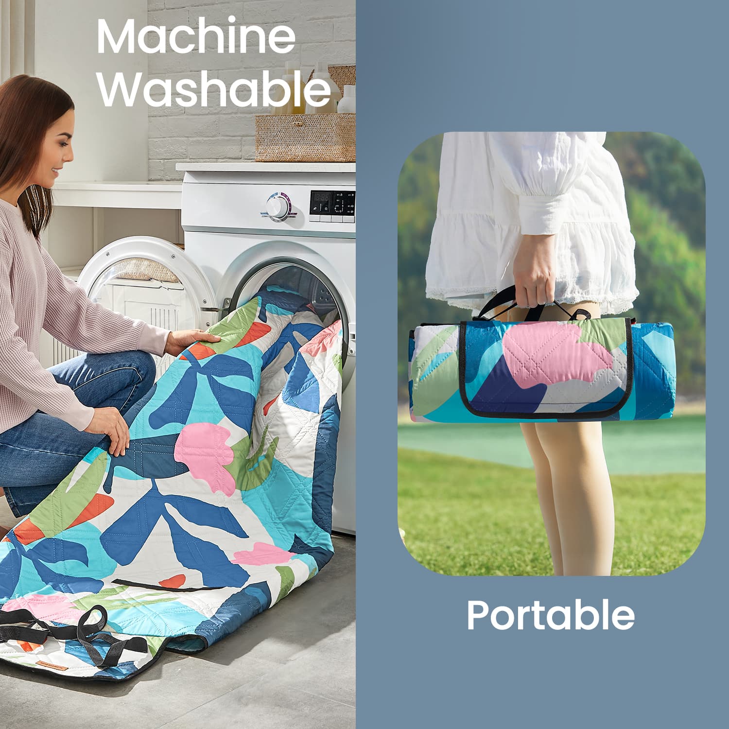 Picnic Blanket – Waterproof Fabric – Colourful Fern – Large and Foldable, Machine Washable, 200 x 200 cm