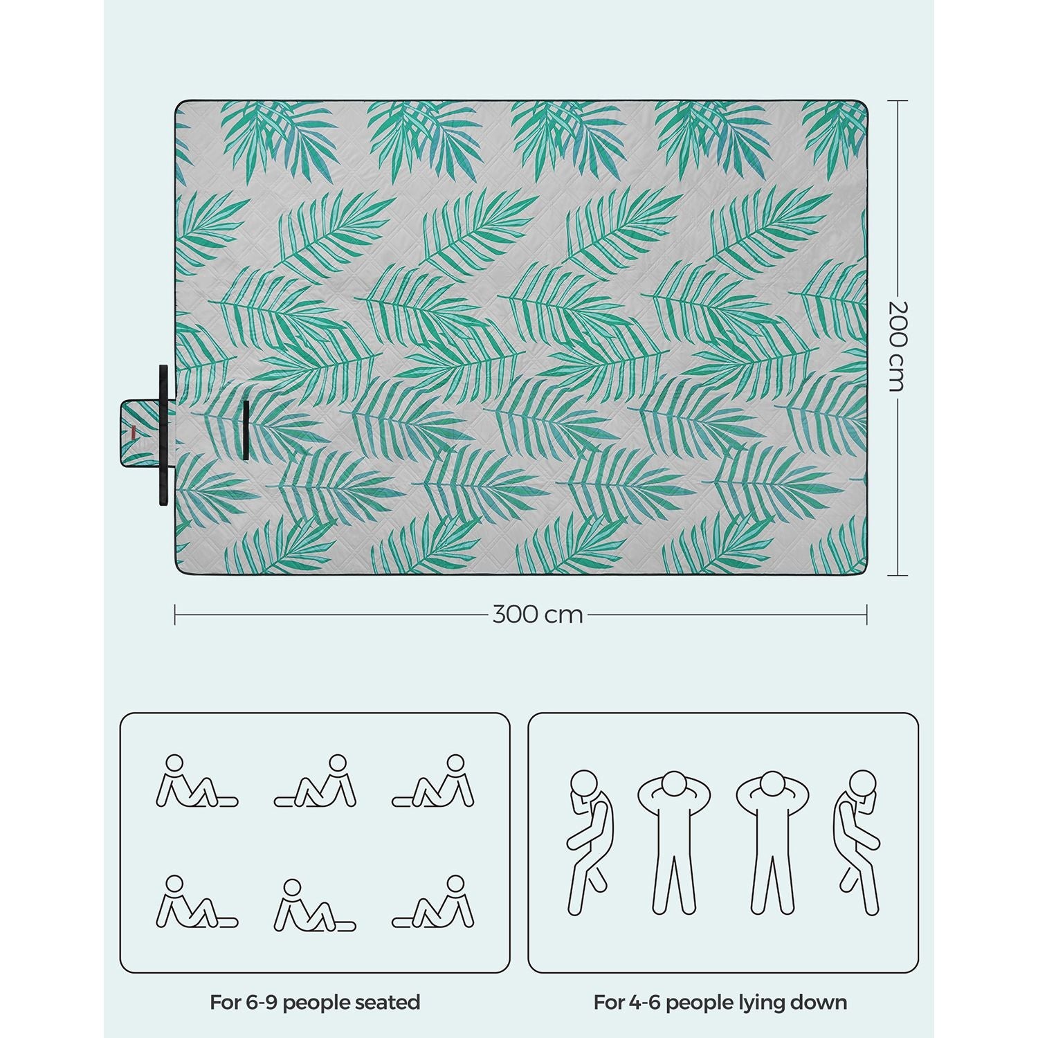 Large Waterproof Picnic Blanket – Fabric – Fern Pattern and Grey – Foldable and Machine Washable