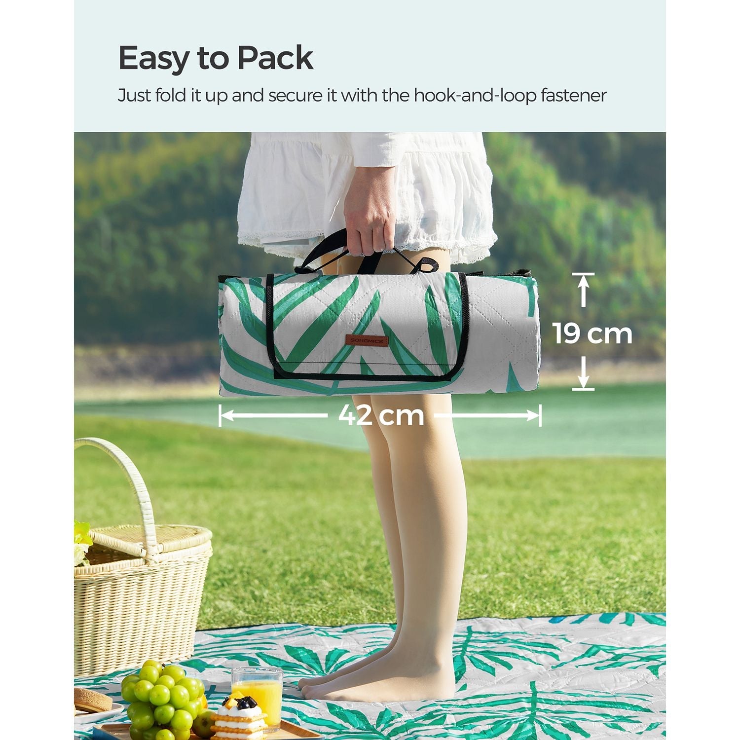 Large Waterproof Picnic Blanket – Fabric – Fern Pattern and Grey – Foldable and Machine Washable