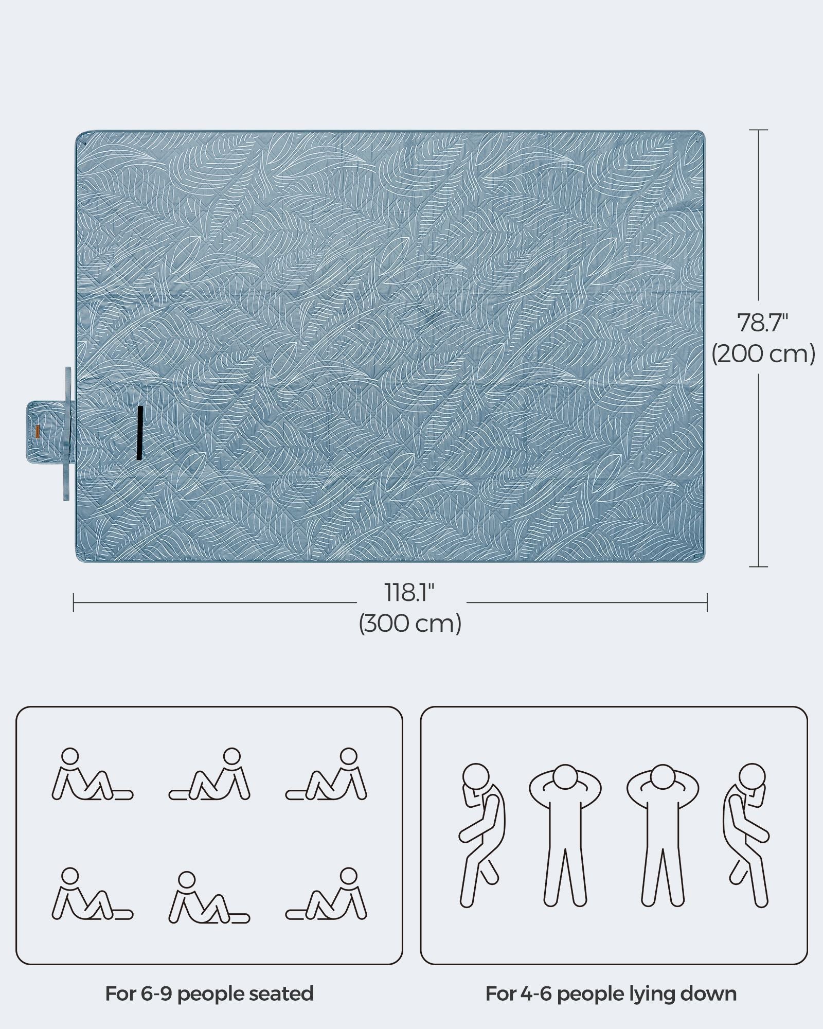 Picnic Blanket – Fabric – Light Blue with Leaf Pattern – Generously Sized 300 x 200 cm