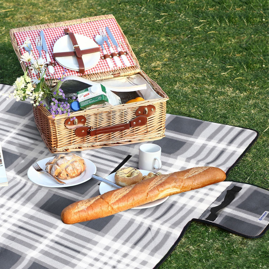 Picnic Blanket – Fabric – Grey and White – Large Waterproof Outdoor Mat, 195 x 150 cm