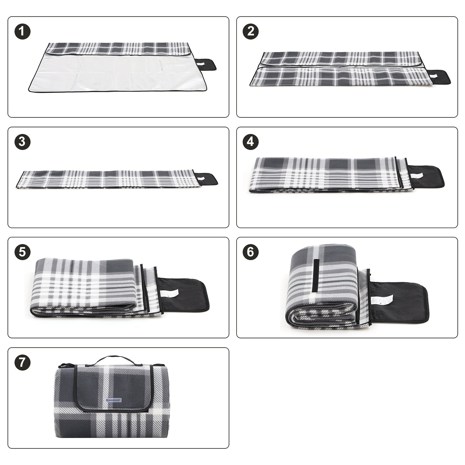 Picnic Blanket – Fabric – Grey and White – Large Waterproof Outdoor Mat, 195 x 150 cm