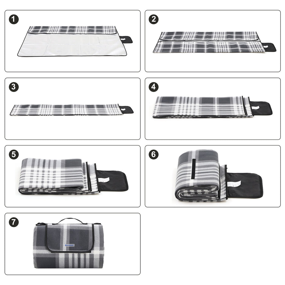 Picnic Blanket – Fabric – Grey and White – Large Waterproof Outdoor Mat, 195 x 150 cm