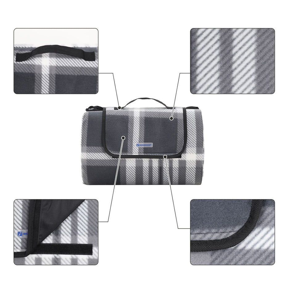Picnic Blanket – Fabric – Grey and White – Large Waterproof Outdoor Mat, 195 x 150 cm
