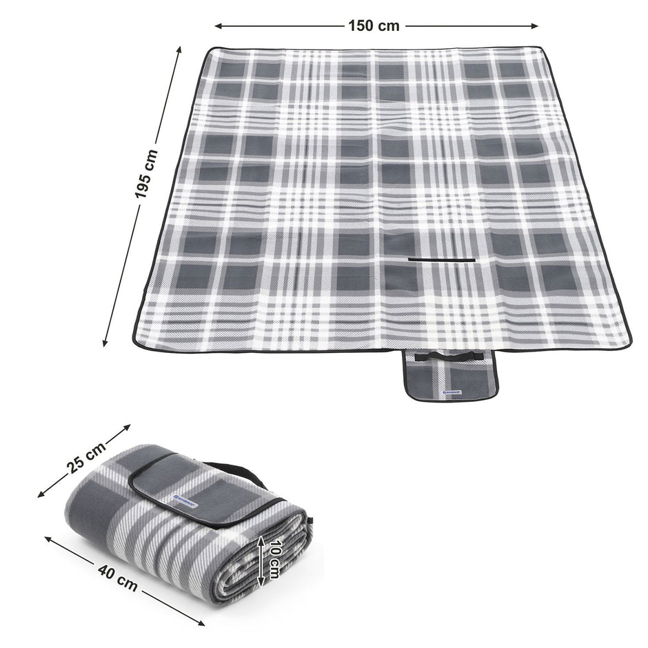 Picnic Blanket – Fabric – Grey and White – Large Waterproof Outdoor Mat, 195 x 150 cm