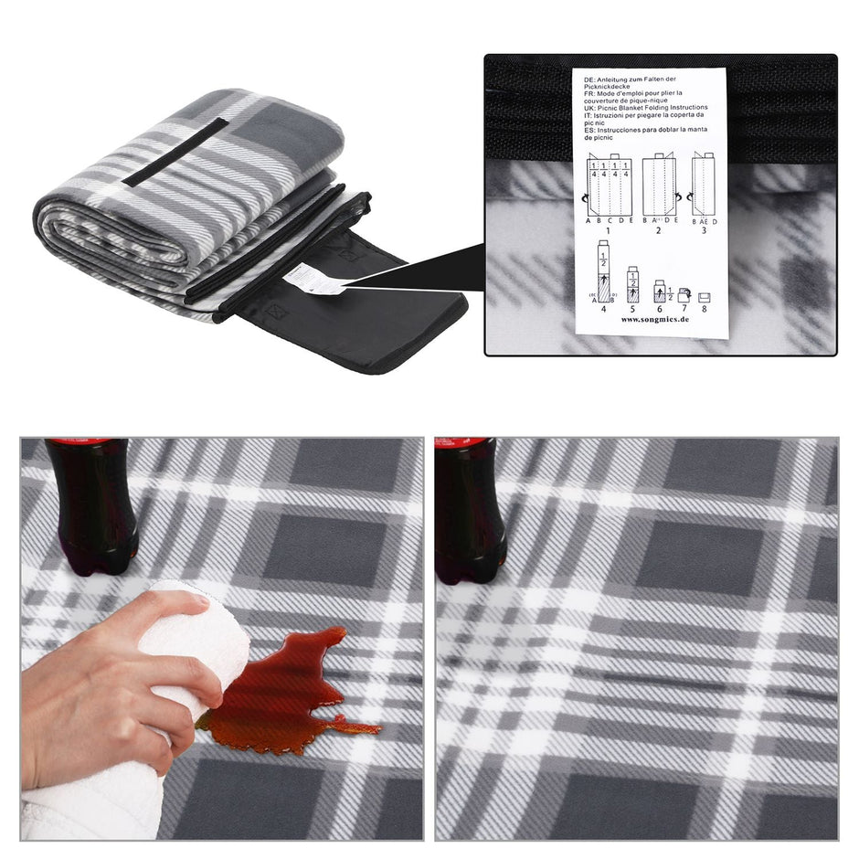 Picnic Blanket – Fabric – Grey and White – Large Waterproof Outdoor Mat, 195 x 150 cm