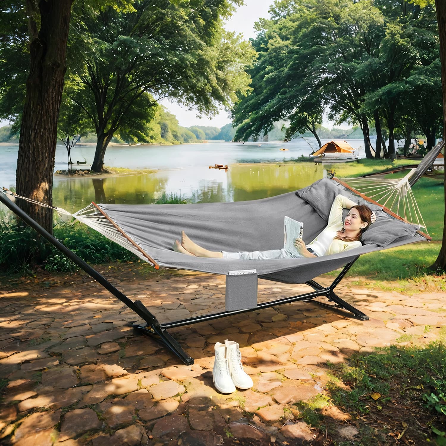 Hammock – TC Fabric – Grey – Outdoor Swing Bed with Two Pillows and Wooden Bars
