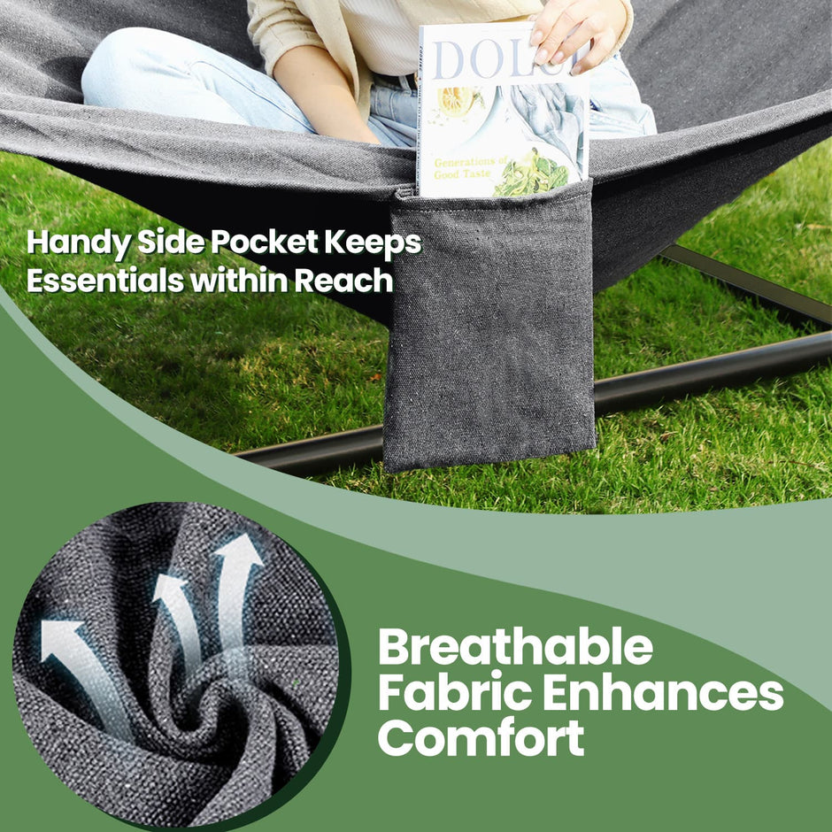 Hammock – TC Fabric – Grey – Outdoor Swing Bed with Two Pillows and Wooden Bars
