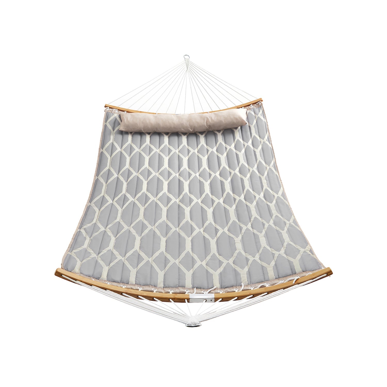 Quilted Fabric Hammock – Bamboo – Grey and Beige – Detachable Curved Spreaders and Pillow, Load Capacity 225 kg, 200 x 140 cm