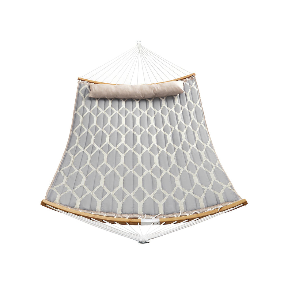 Quilted Fabric Hammock – Bamboo – Grey and Beige – Detachable Curved Spreaders and Pillow, Load Capacity 225 kg, 200 x 140 cm