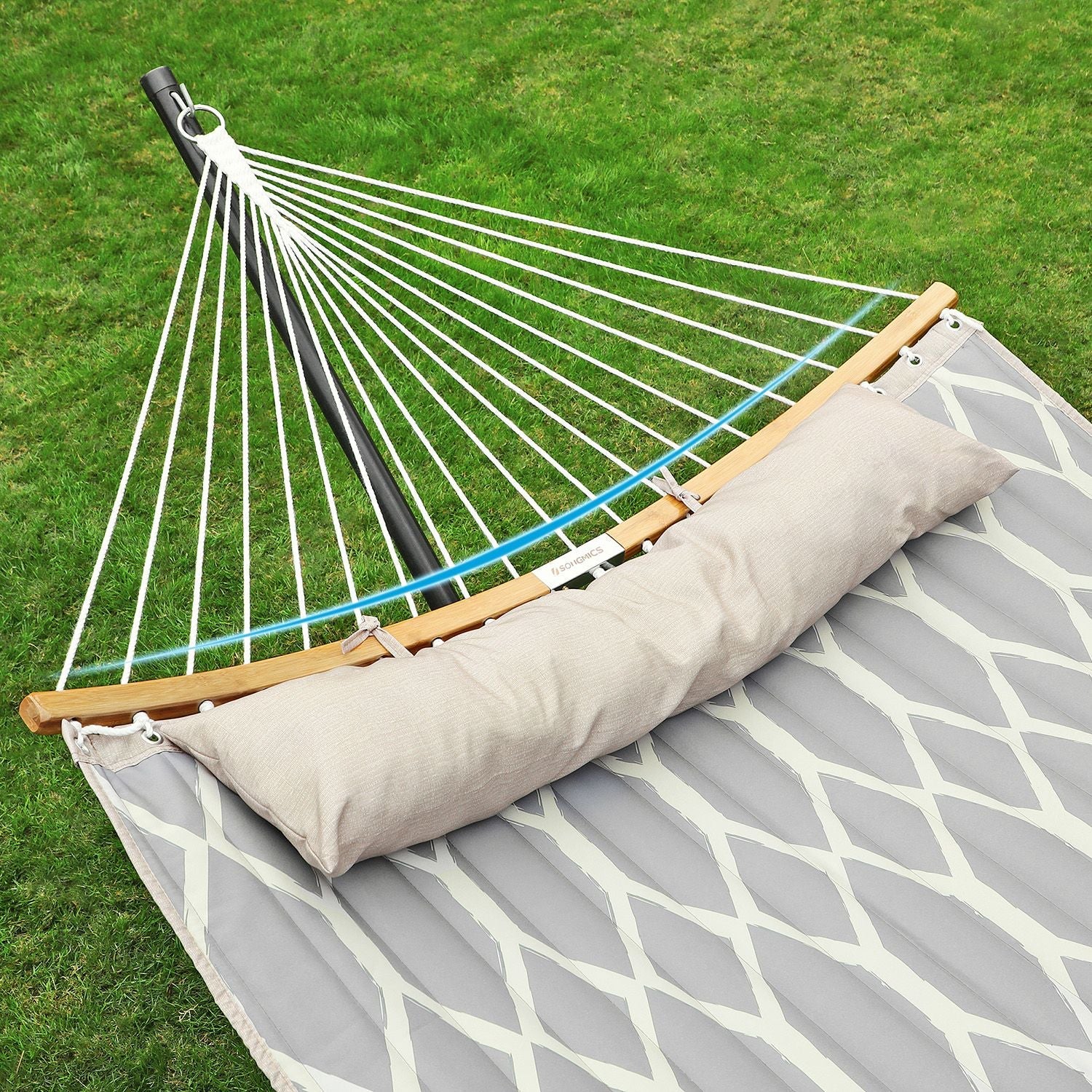 Quilted Fabric Hammock – Bamboo – Grey and Beige – Detachable Curved Spreaders and Pillow, Load Capacity 225 kg, 200 x 140 cm