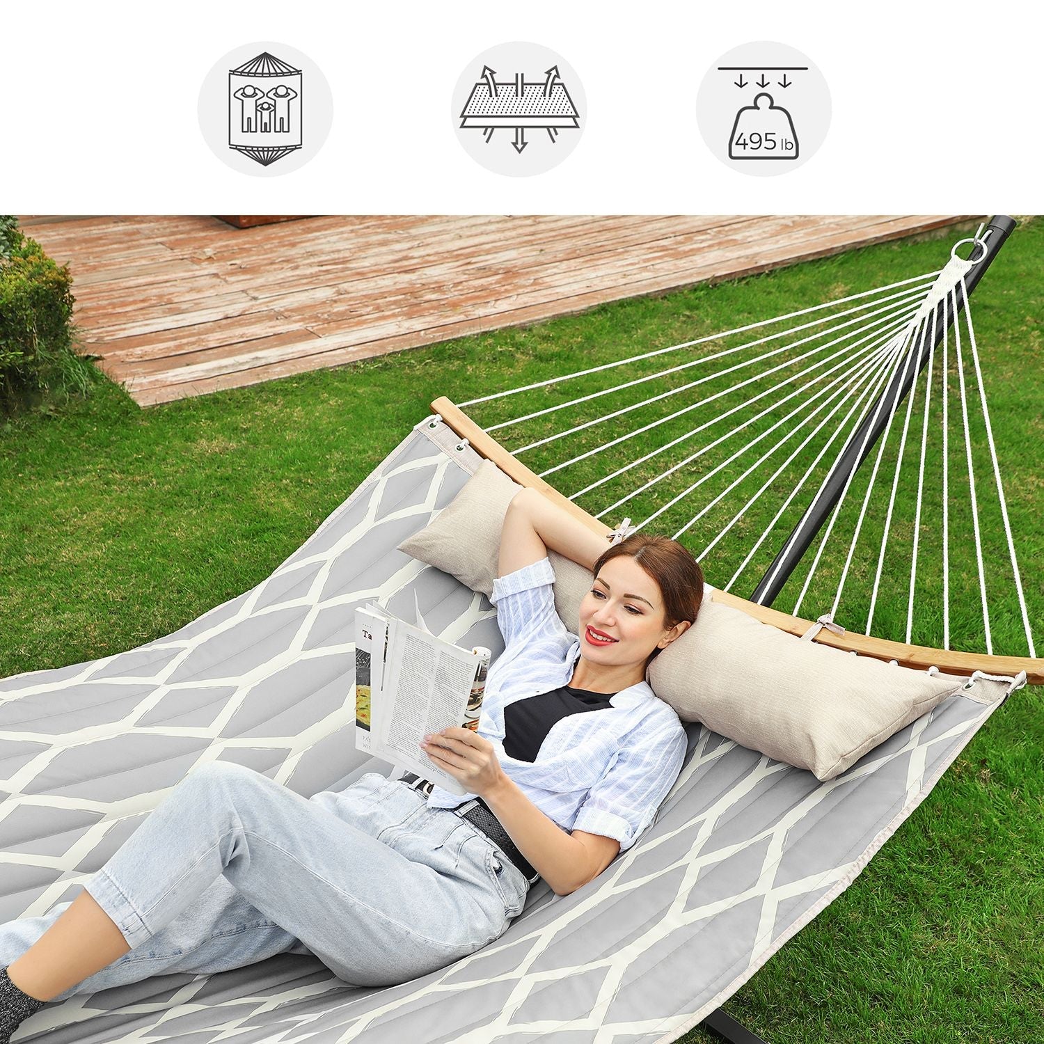 Quilted Fabric Hammock – Bamboo – Grey and Beige – Detachable Curved Spreaders and Pillow, Load Capacity 225 kg, 200 x 140 cm