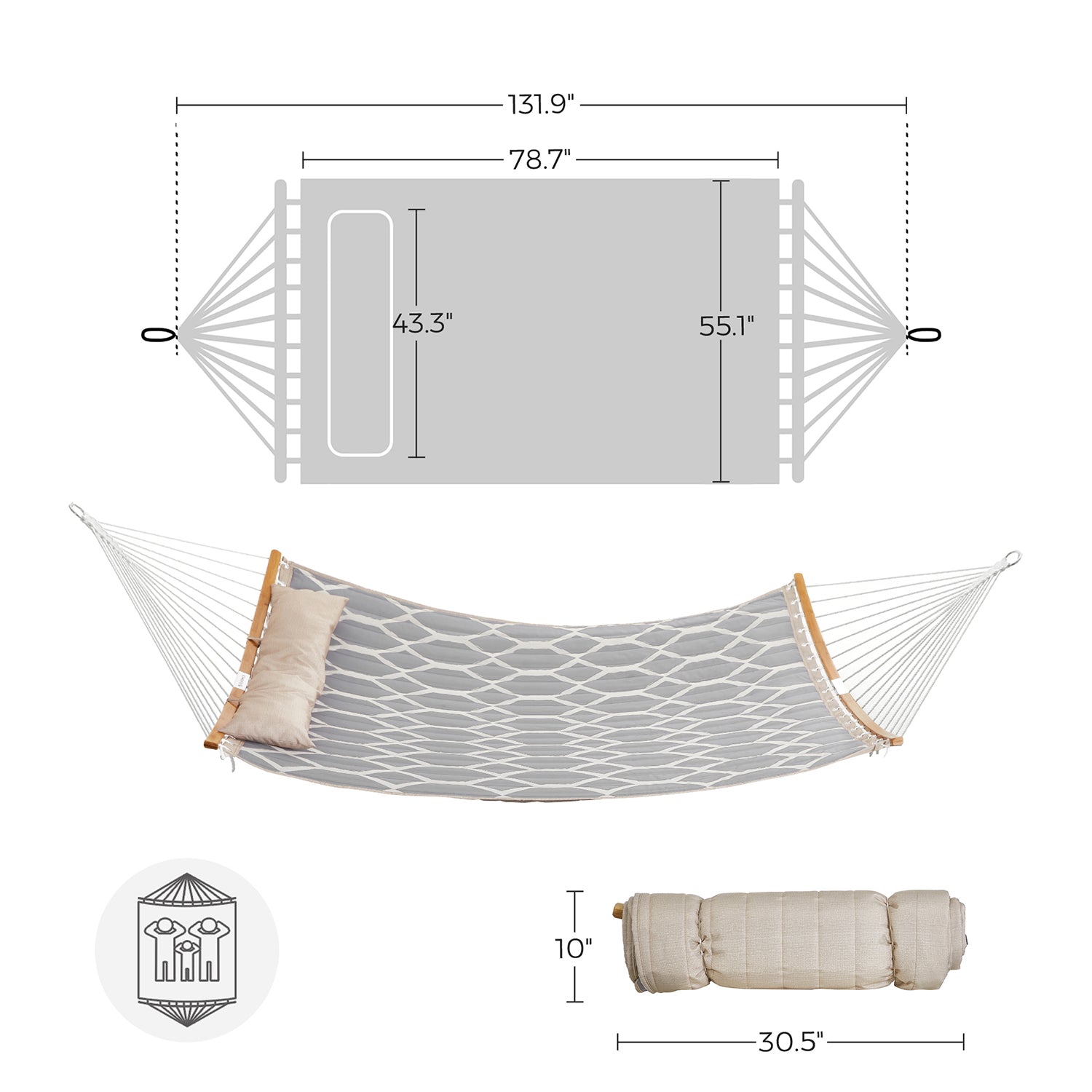 Quilted Fabric Hammock – Bamboo – Grey and Beige – Detachable Curved Spreaders and Pillow, Load Capacity 225 kg, 200 x 140 cm