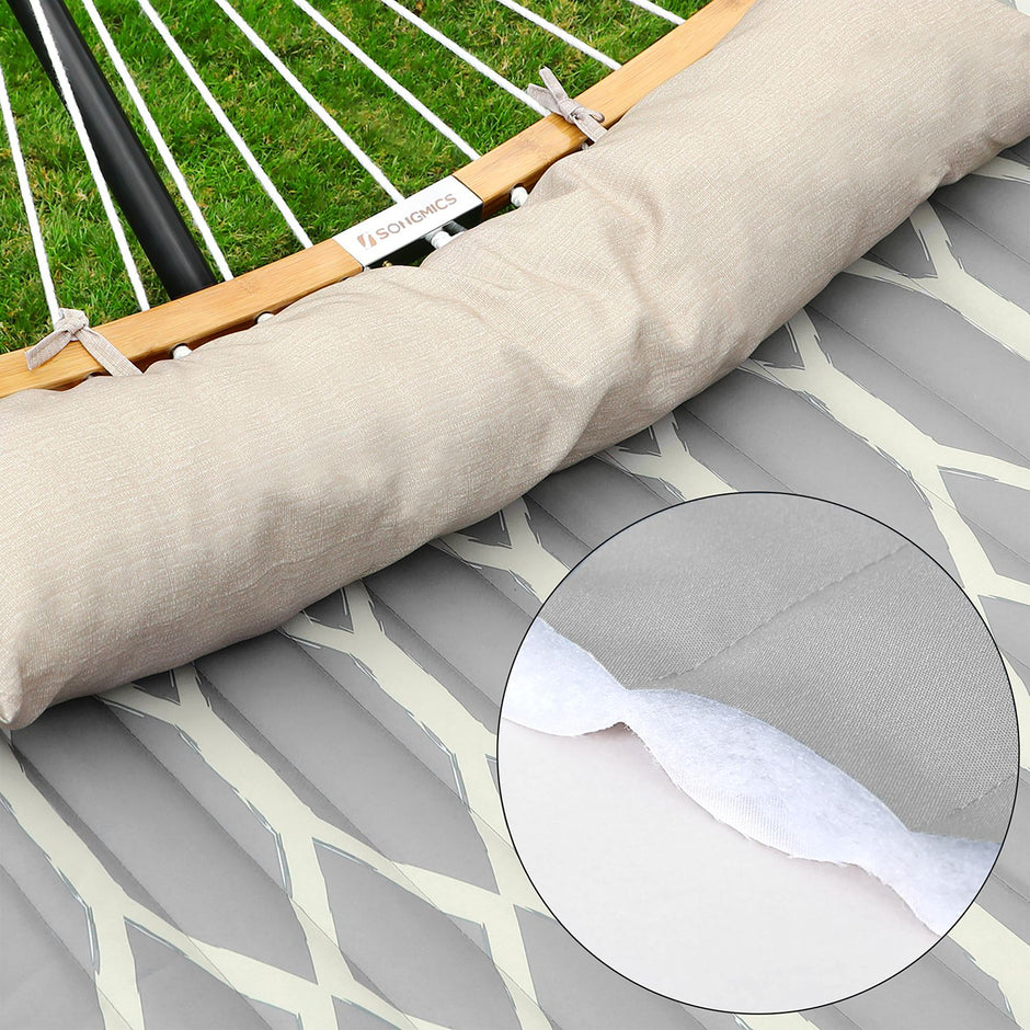 Quilted Fabric Hammock – Bamboo – Grey and Beige – Detachable Curved Spreaders and Pillow, Load Capacity 225 kg, 200 x 140 cm