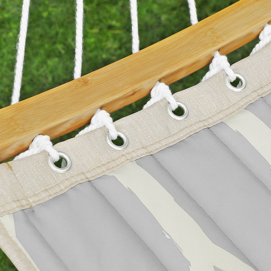 Quilted Fabric Hammock – Bamboo – Grey and Beige – Detachable Curved Spreaders and Pillow, Load Capacity 225 kg, 200 x 140 cm