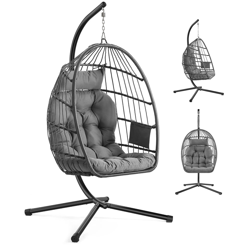 Outdoor Hanging Egg Chair - 38.6L x 40.6W x 76.8H - Steel, Velvet - Foldable Basket - Height-Adjustable